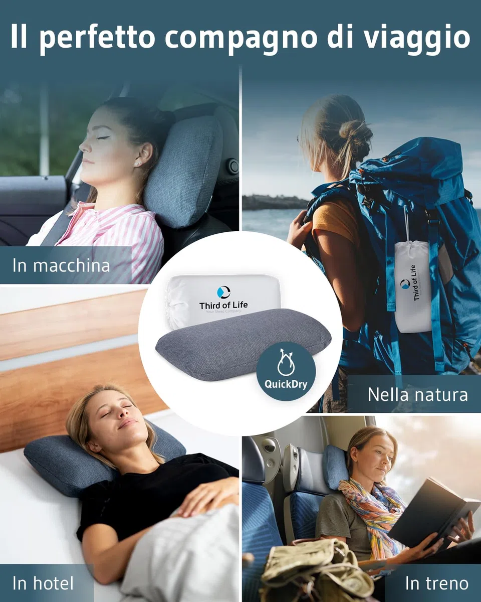Cuscino da viaggio VOLAR QuickDry, cuscino ergonomico in memory foam per viaggi in aereo e in auto, piccolo cuscino con federa ad asciugatura rapida, cuscino da campeggio e viaggi 40x25 cm
