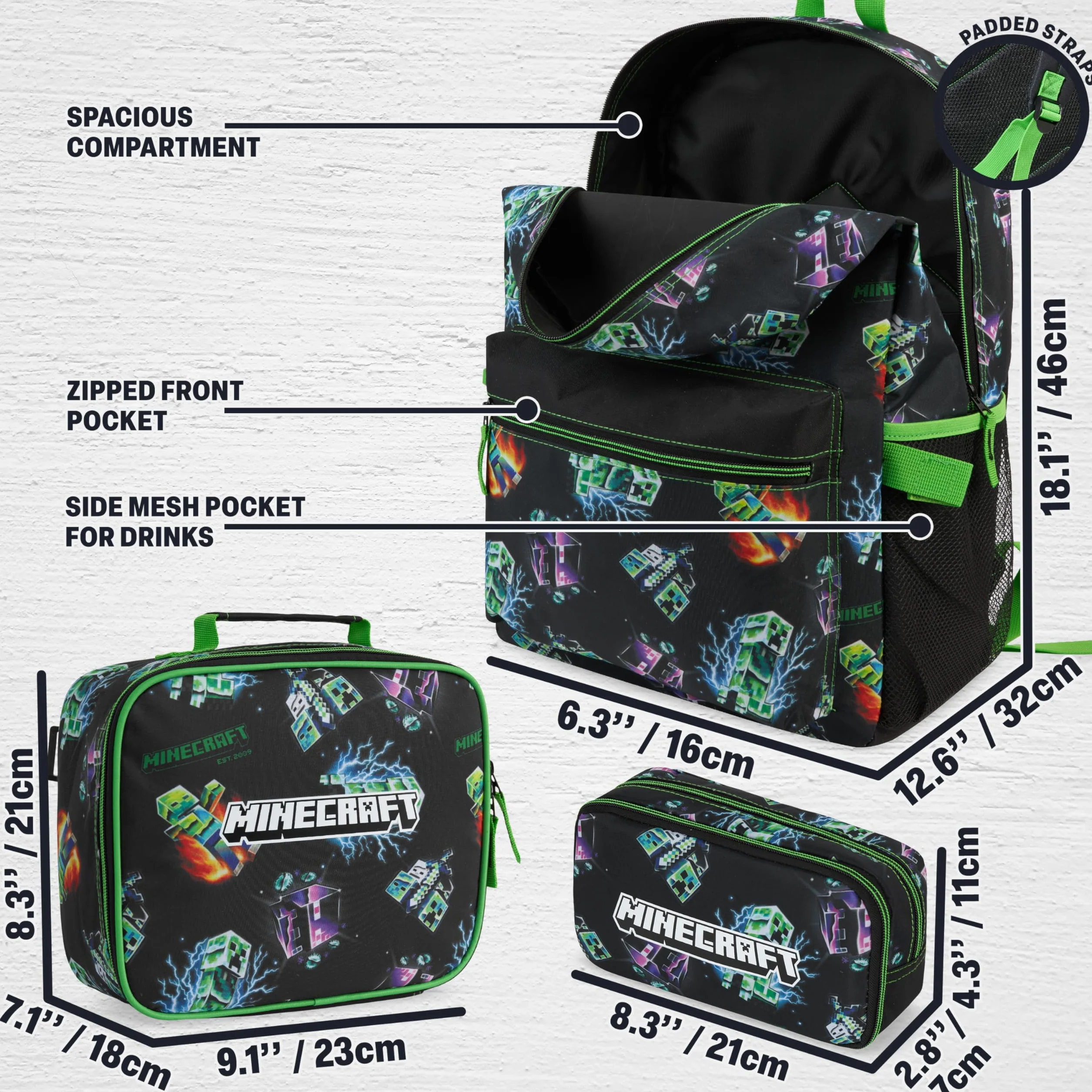 Get Trend Minecraft 3 Pezzi Capiente Zaino Ragazzo Set con Borsa Termica Porta Pranzo e Astuccio 2 Scomparti per la Scuola e il Tempo Libero (Multi Creeper)