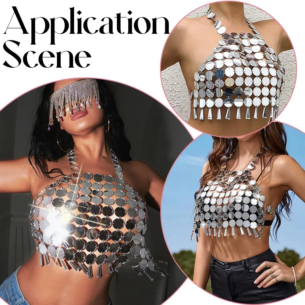 1Pc Argento Paillettes Bikini Top Estate Spiaggia Nappa Plastica Vestito Halter Schiena Scoperta Crop Top Reggiseno Sexy Catena Corpo Canotte Traforate Gioielli Catene Petto per Donne Nightc