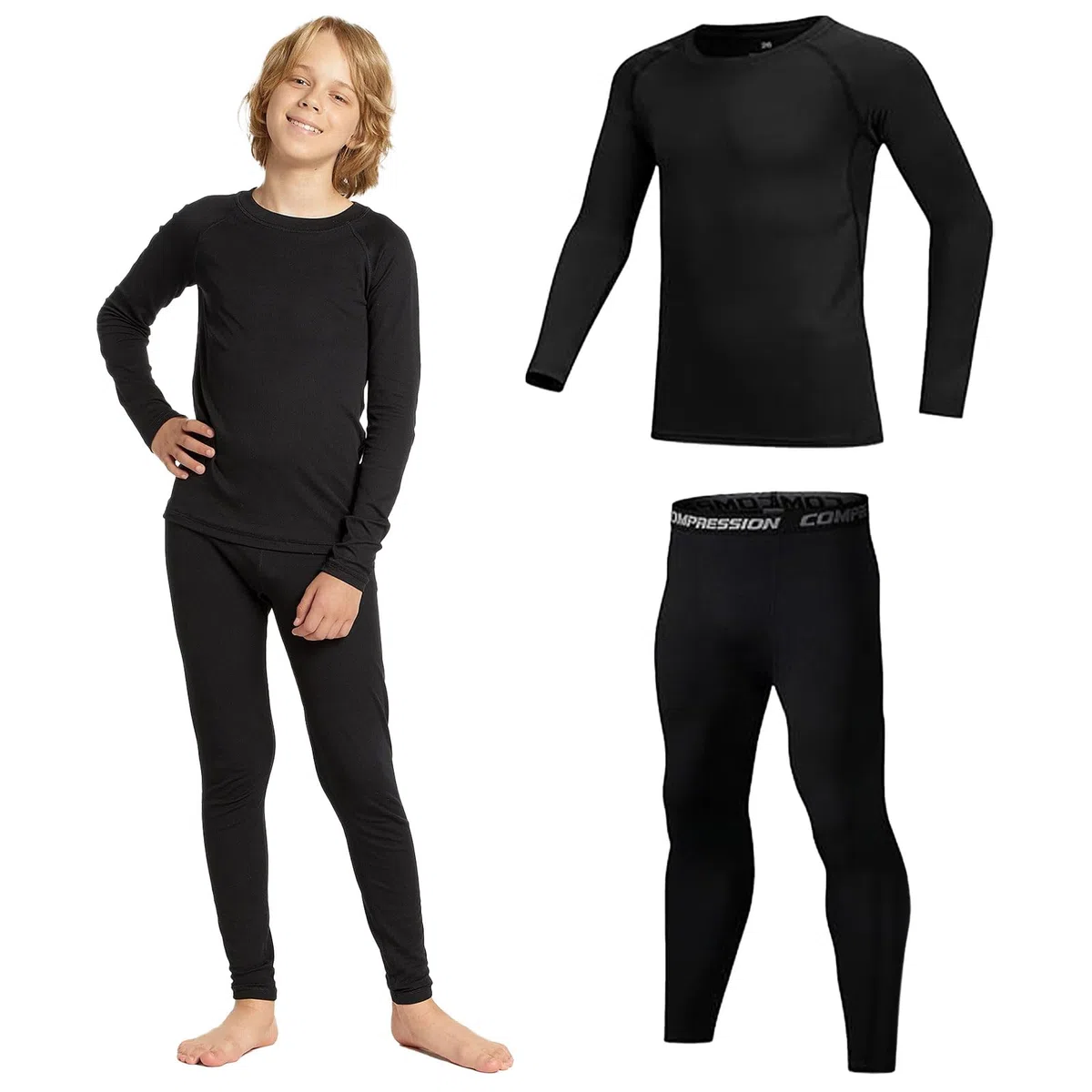 Set di biancheria intima termica per bambini, foderato in feltro, caldo per l'inverno, per ragazze e ragazzi, con top e leggings per sci, ciclismo e corsa e calcio