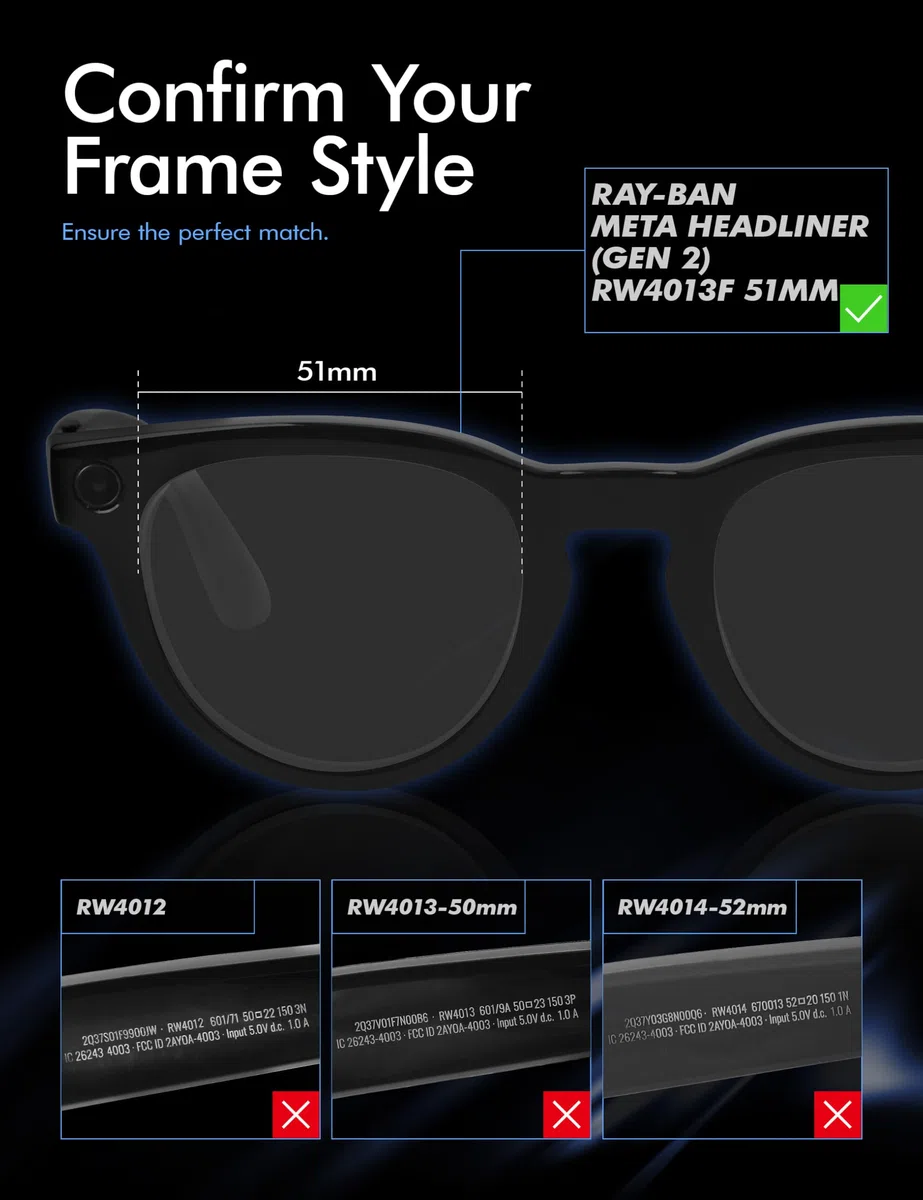 Saucer Lenti di ricambio di alta qualità compatibili con occhiali da sole intelligenti Ray-Ban Meta Headliner (Gen 2) RW4013F da 51 mm a ponte basso