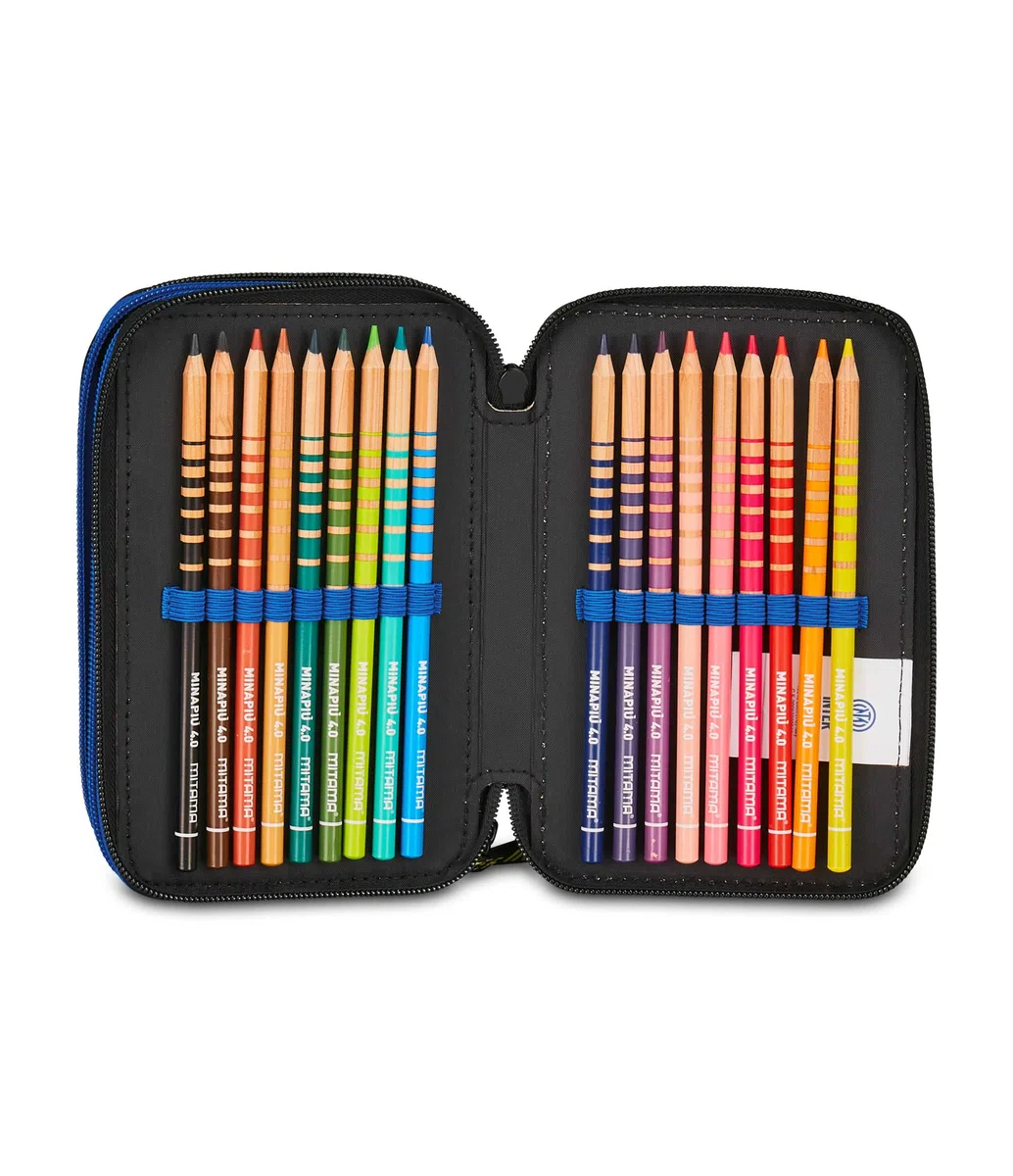Seven Inter Astuccio Scuola 3 Zip, Blu, Portapenne Triplo Scomparto Completo Di Penne, Matite, Colori, Scuola Elementare, Bambino, calcio