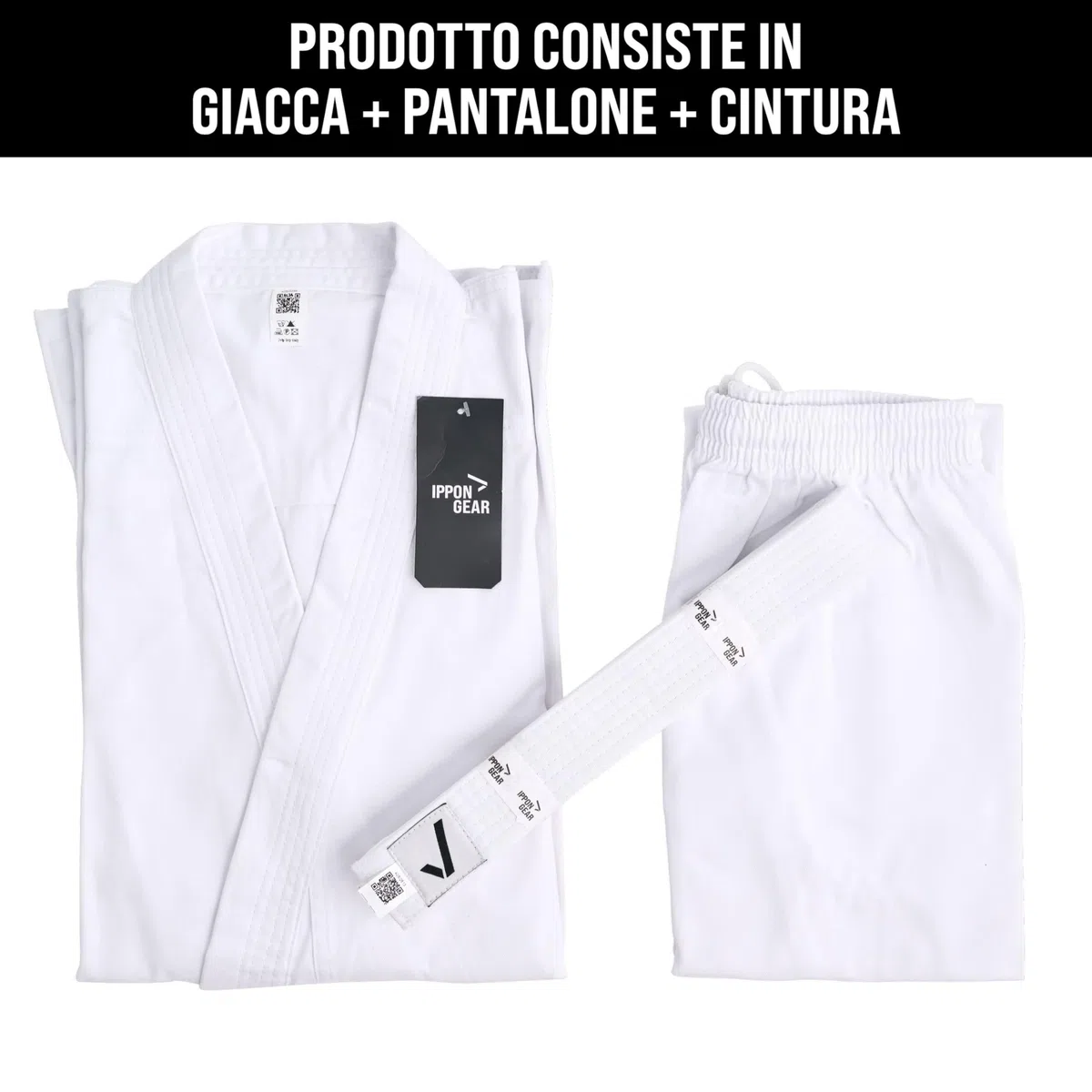 IPPONGEAR Club 2 Karate Gi Set Tuta da Karate per Principianti Tuta per Bambini Inclusa Cintura Bianca (Taglia 100, Cintura con Lacci, densità del Tessuto 220gr/m²) Bianco