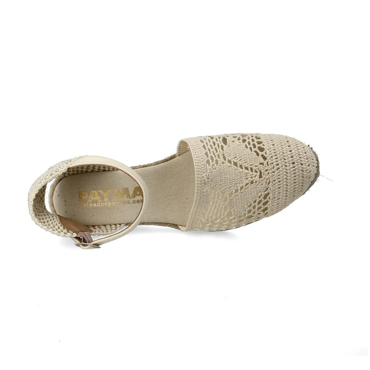 Sandali Bassi con Zeppa de Juta Sparto per Donna. Fatto in Spagna all'uncinetto. Espadrillas con Tacco Basso. Suola Imbottita in Tessuto. Fibbia o Cinturini alla Caviglia