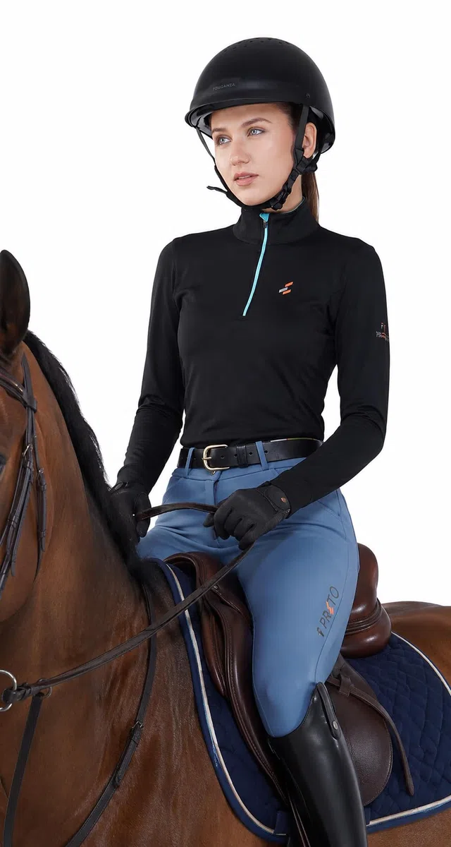 Preto Maglia termica da donna, a maniche lunghe, per atletica, abbigliamento equestre e attrezzatura per equitazione (nero/acqua)