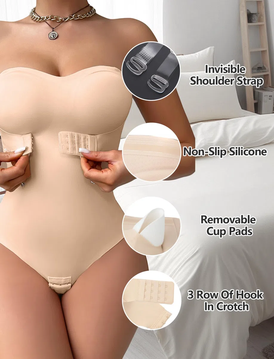 FEOYA Body Sculptant Donna Pancia piatta Body Gainant Donna Invisible Push Up Bodysuit Shapewear Bodysuit senza spalline con imbottitura rimovibile e spalline