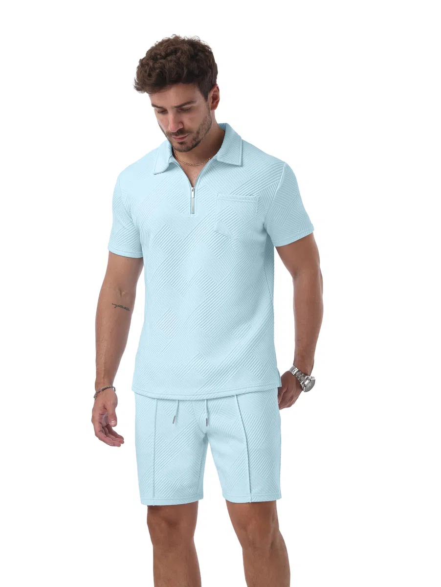 QIXING Set polo da uomo con pantaloncini e maglietta da uomo, estivi, 2 pezzi, abbigliamento da vacanza, con mezza zip
