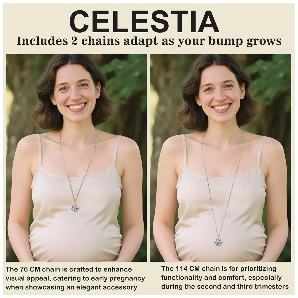CELESTIA Collana Chiama Angeli Gravidanza per Donna Incinta- Medaglione Albero Della Vita Placcato Argento, Regalo per la Futura Mamma, Due Catene 76 e 114 Cm Lunga