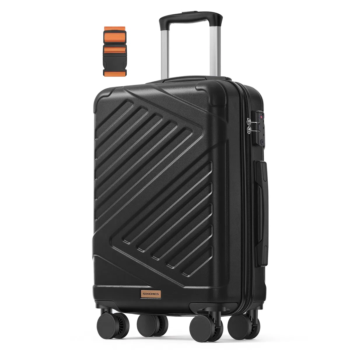 SONGMICS Valigia Rigida, Trolley da Viaggio, Chiusura TSA, Cinghia Inclusa, Bagaglio in ABS con 4 Ruote Doppie, Valigia Bagaglio a Mano da Cabina, M, 55 x 36 x 20 cm, Nero Inchiostro RLP001B101