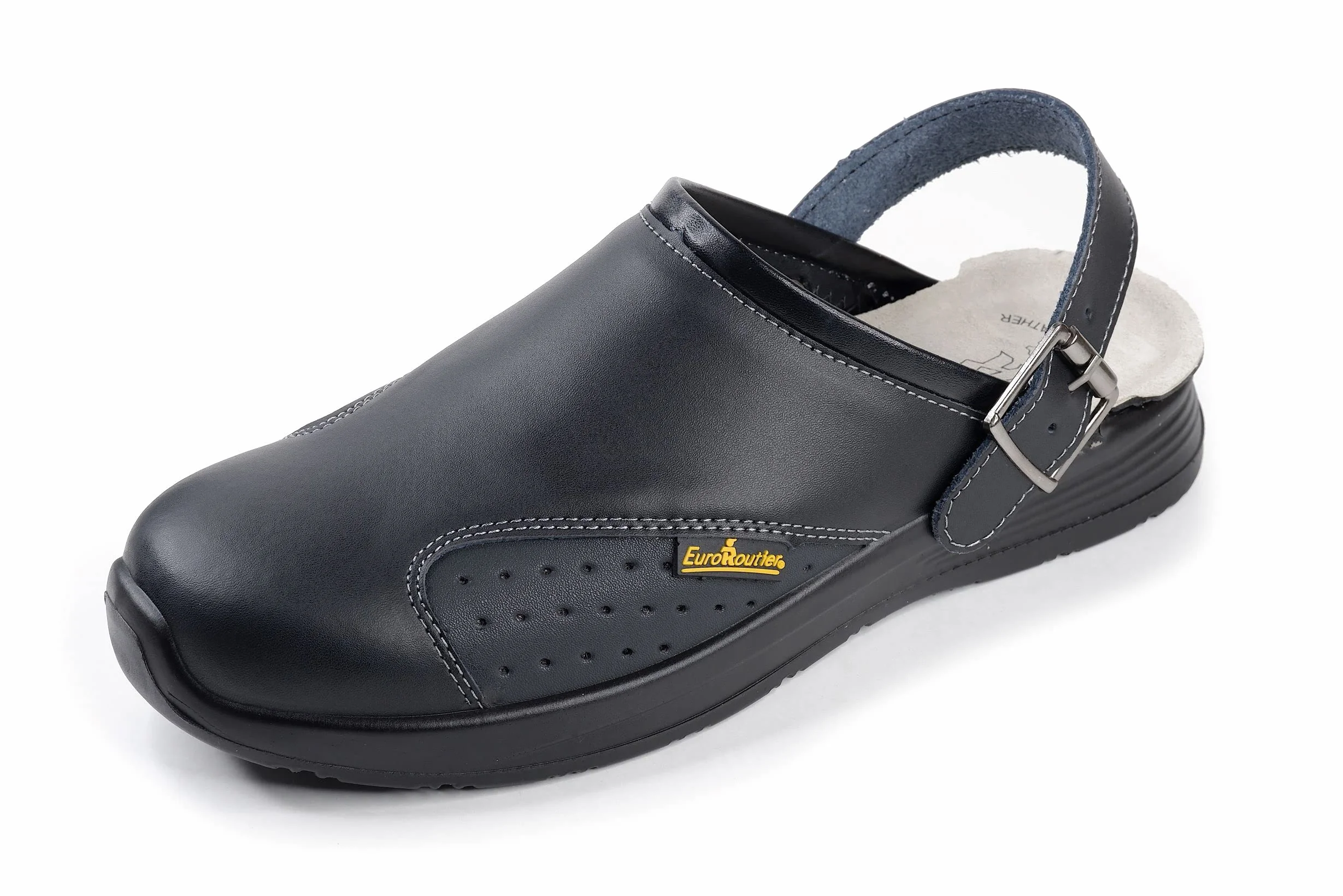 EUROROUTIER Work Slipper, Ciabatta in Pelle con Cinturino Girevole e Fibbia in Metallo OB A-E-FO-SRC