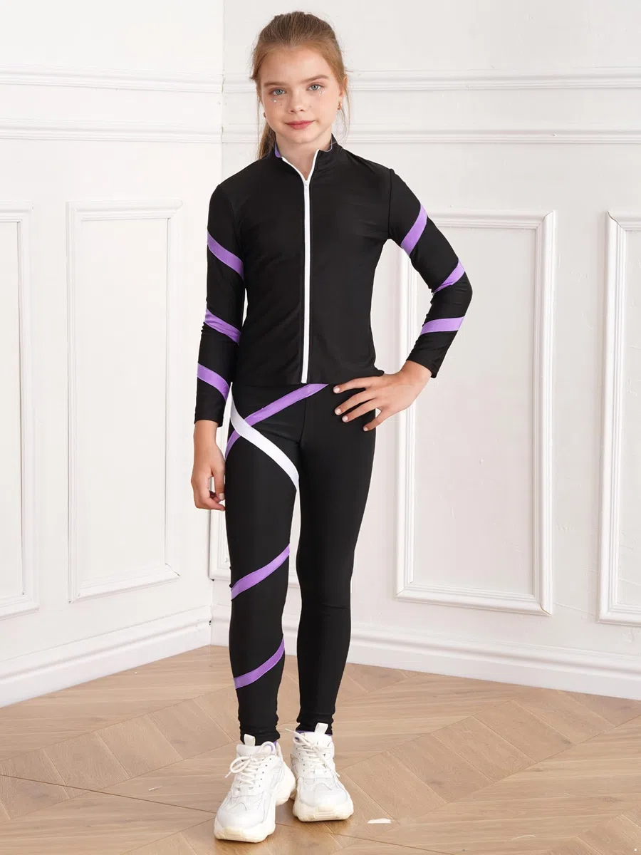 Tuta sportiva per bambini e ragazze, 2 pezzi, con cerniera, felpa con leggings e tuta sportiva senza cuciture