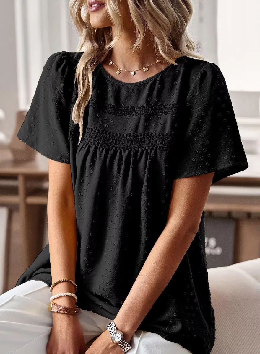 T-Shirt da Donna Pizzo Manica Corta Magliette con Scollo Estive Camicia Casual Abbigliamento Boho Top Maglie Tunica