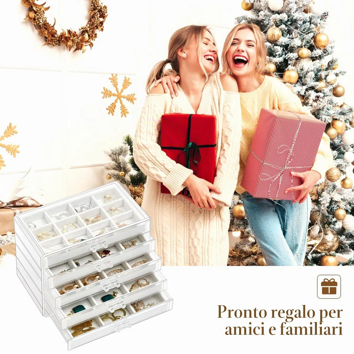 ProCase Organizer per gioielli in acrilico, trasparente per gioielli, con 5 cassetti, orecchini, collane, anelli, organizer per la casa -Bianco caldo