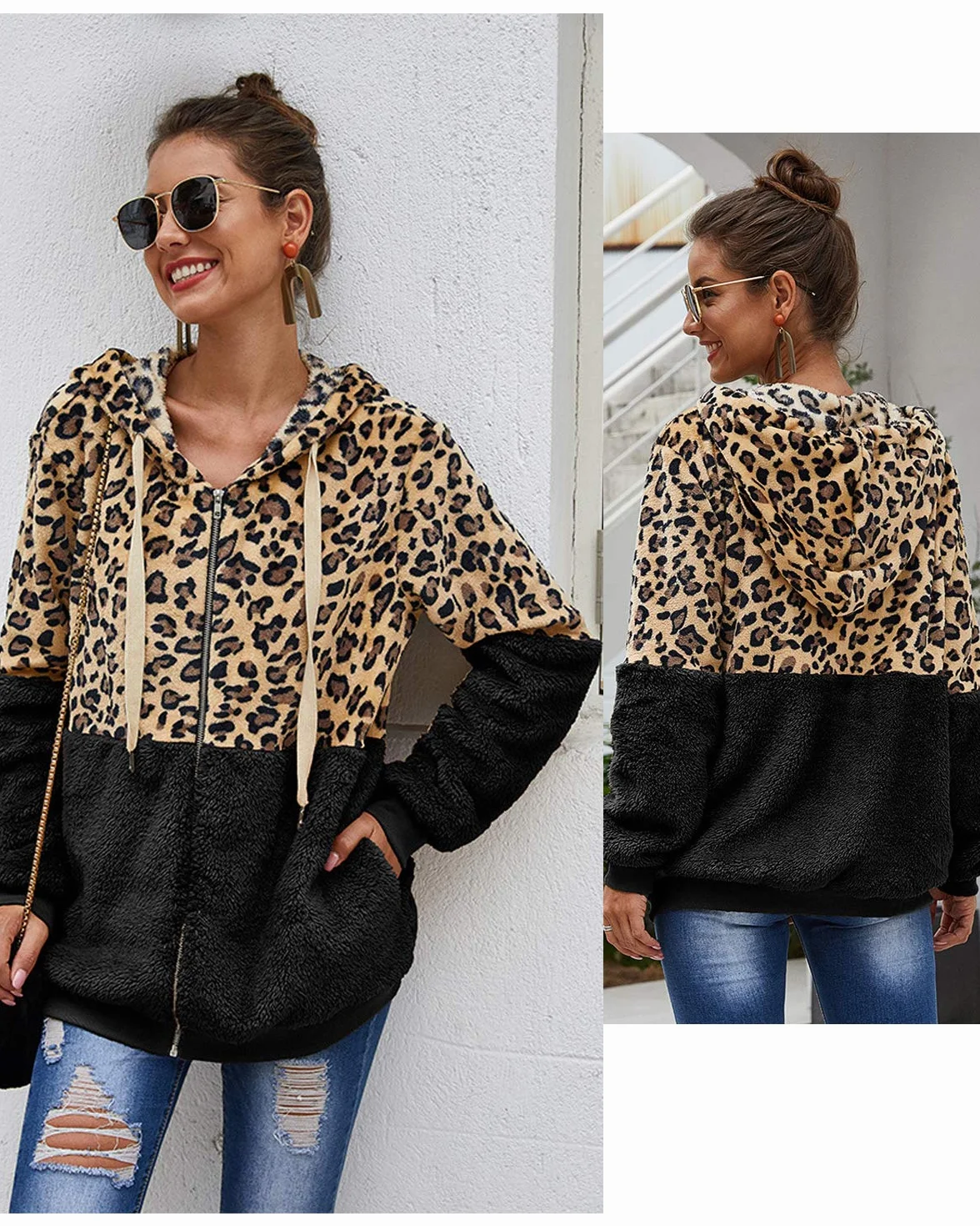 ABINGOO Cappotto Donna Casual Felpa con Cappuccio Giacca Leopardo Invernale Cerniera Giacche e Cappotti Vello Caldo Hoodies Outwear