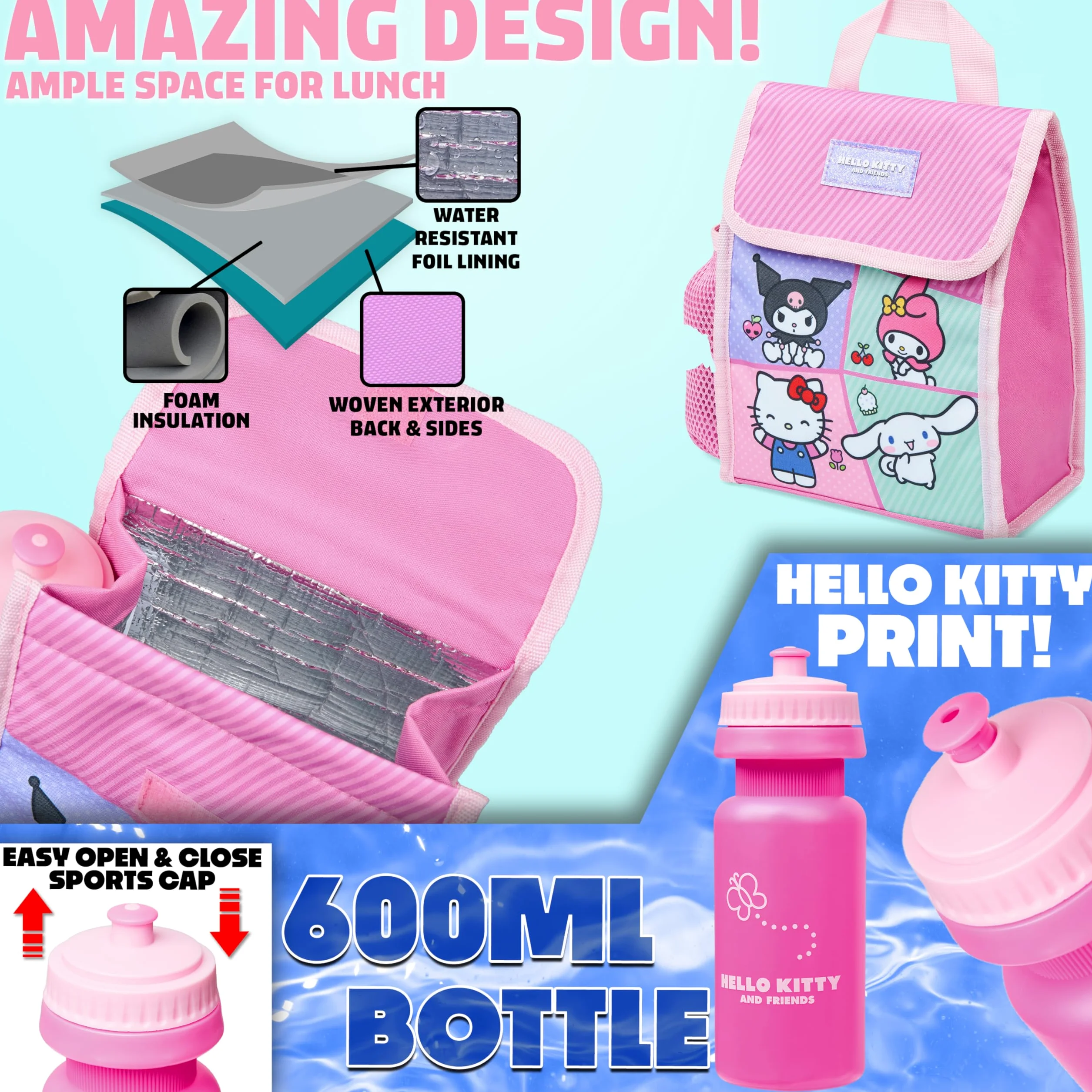 Hello Kitty Sanrio Zainetto Bambina 4 Pz Set Borraccia Astuccio Isolata Borsa Portapranzo Kawaii Anime Accessori Scuola