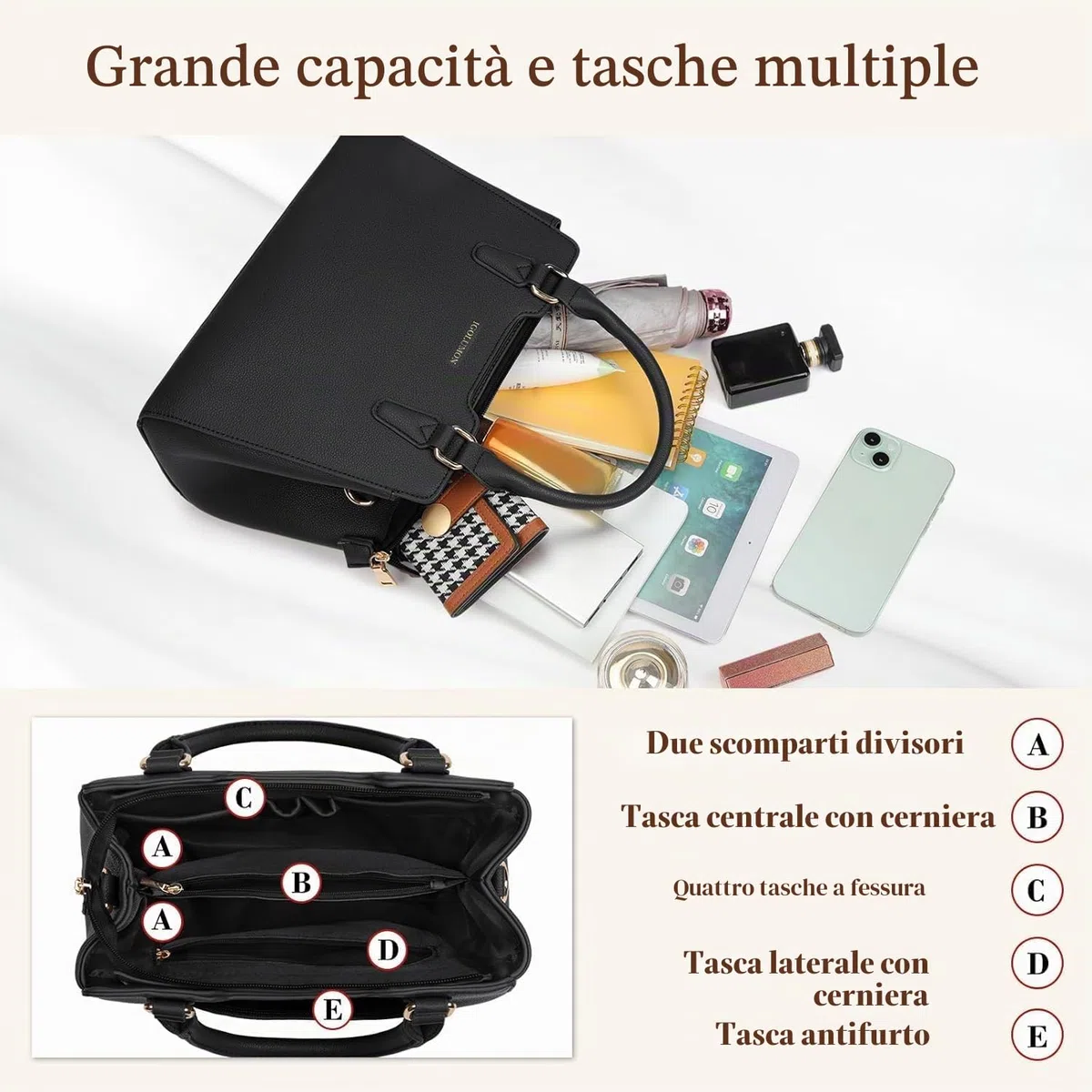 IGOLUMON Borsa Donna Borse in Pelle Borsa Mano Donna Grande Lavoro Tote Bag Università Tracolla Borsetta Tracolla Media Borsette a Spalla Firmate in Saldo Nero