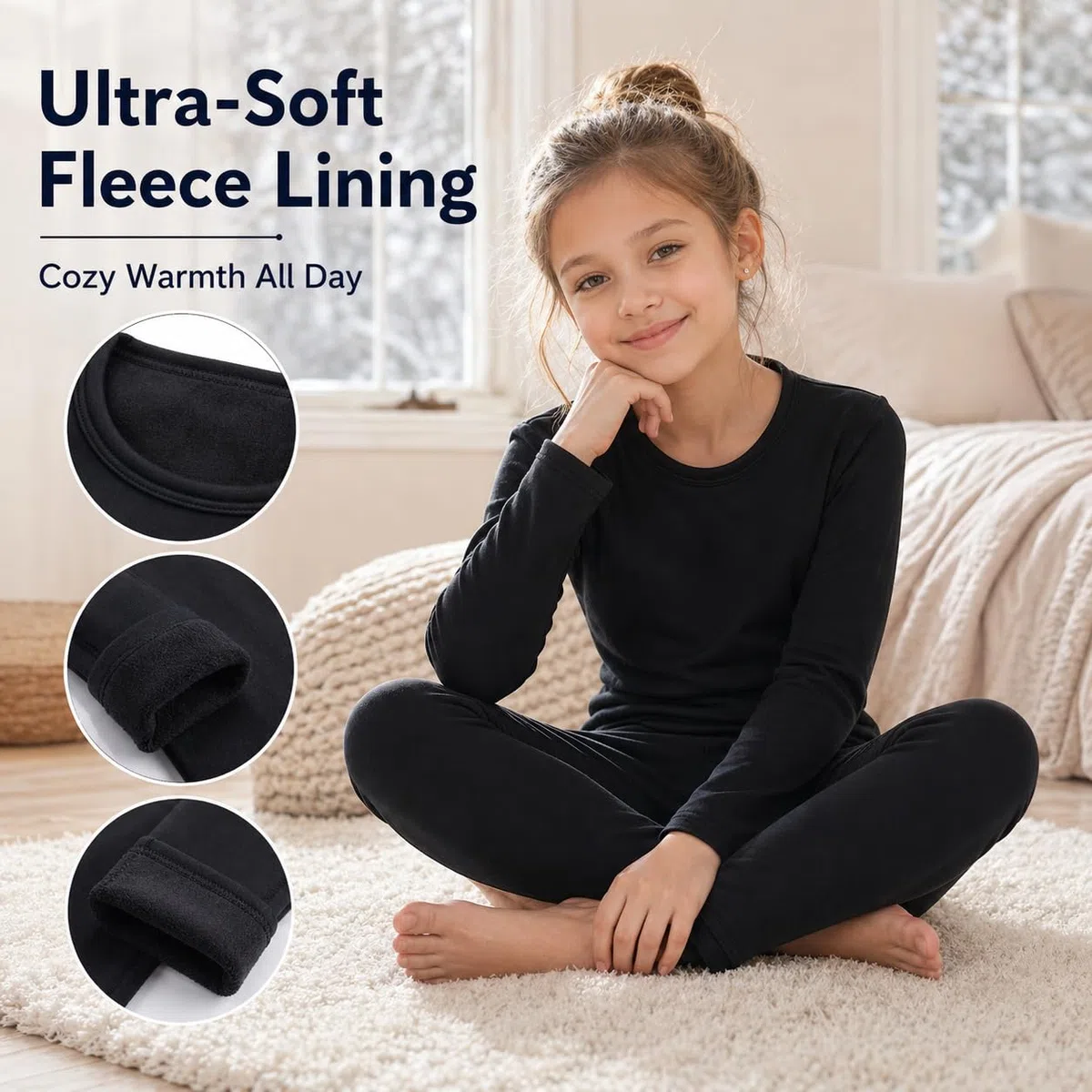 Completo Intimo Termico Bambina Invernale Maglia e Leggings Foderati in Pile, Caldo, Elasticizzato, Morbido e Traspirante (Nero, L)