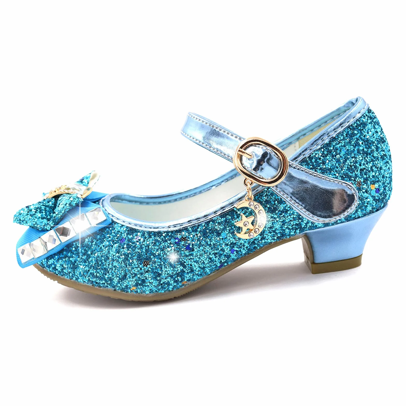 Principessa Bambina scarpa Glitterate Tacchi Ragazza Cosplay Principessa Paillettes Eleganti Bambina Cerimonia Festa, Blu/ 35
