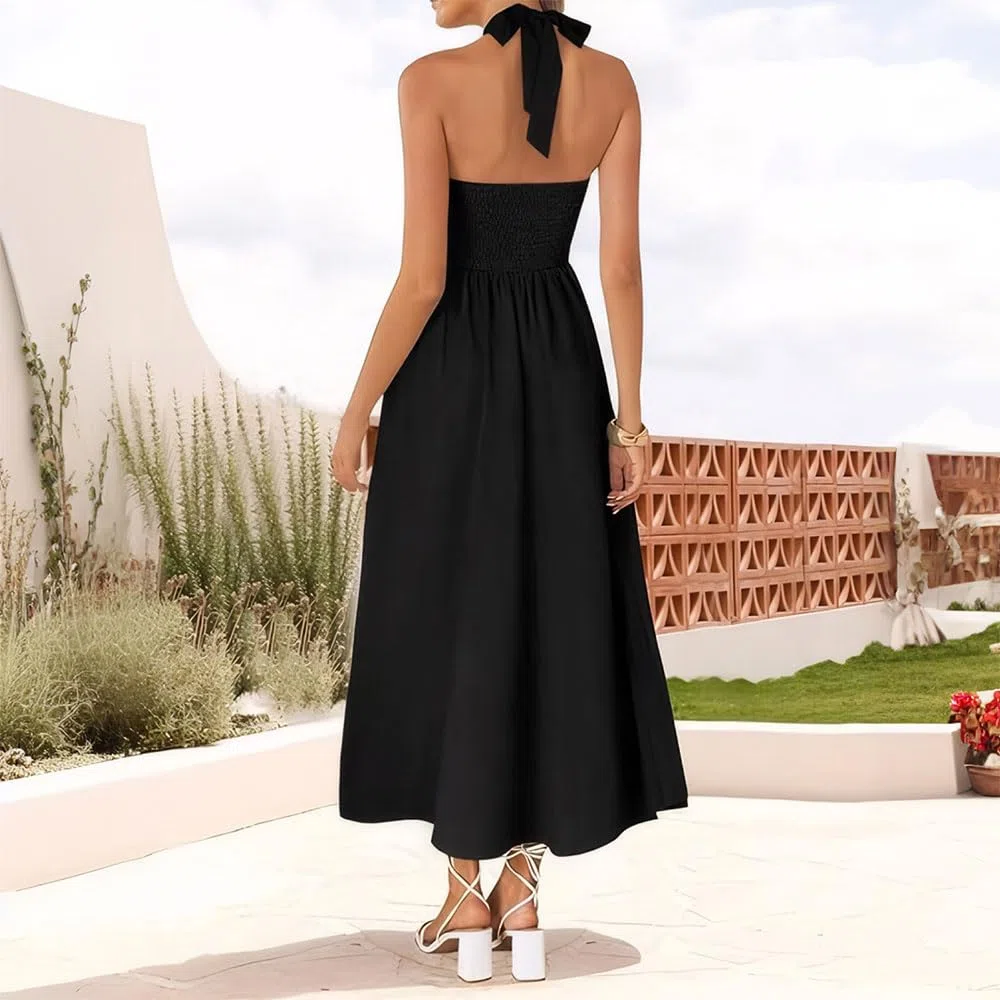 Vestito Donna Senza Maniche Sexy Scollo a Quadrato Maxi Lunga Estivi Orlo a Volant Abito da Festa Cocktail Sera