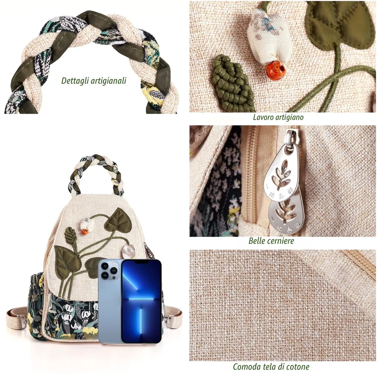 Auluda Borsa a tracolla convertibile da ragazza, zaino artigianale artigianale, bellissimo zaino casual premium in tela per donna