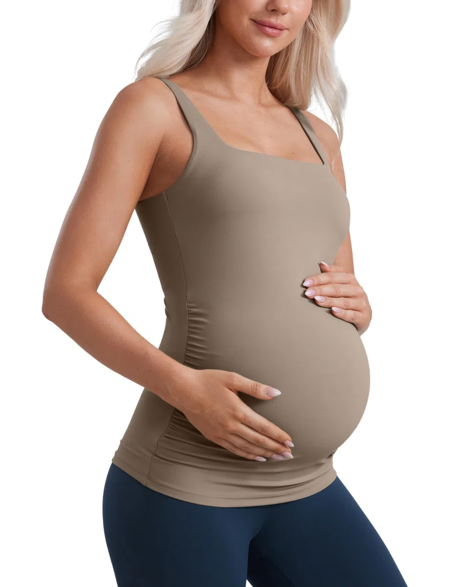 CRZ YOGA Butterluxe Donna Quadrato Collo maternità Cisterna Cima Ruché Gravidanza Yoga Camicia Imbottito