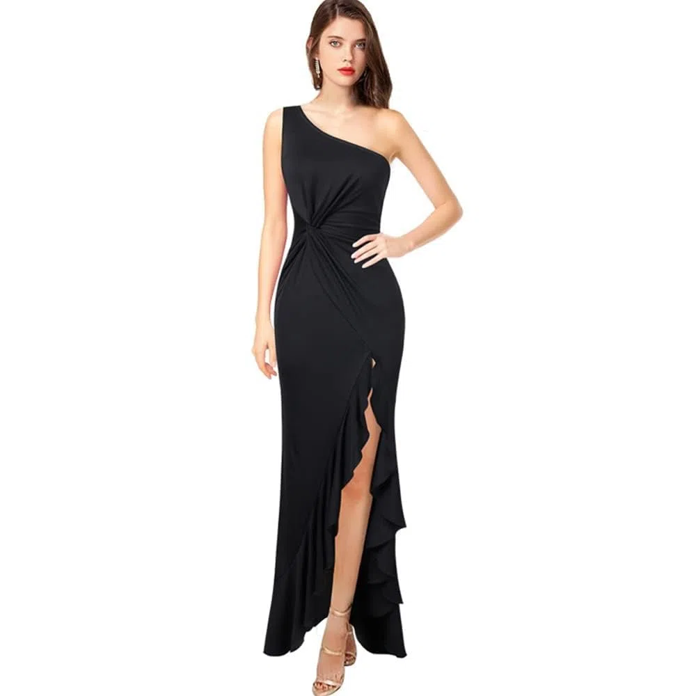 Vestito Donna Eleganti Vestito Spalla Scoperte Abito Cocktail Orlo con Volant Senza Maniche Casuale Abito Lungo Sexy Tinta Unita