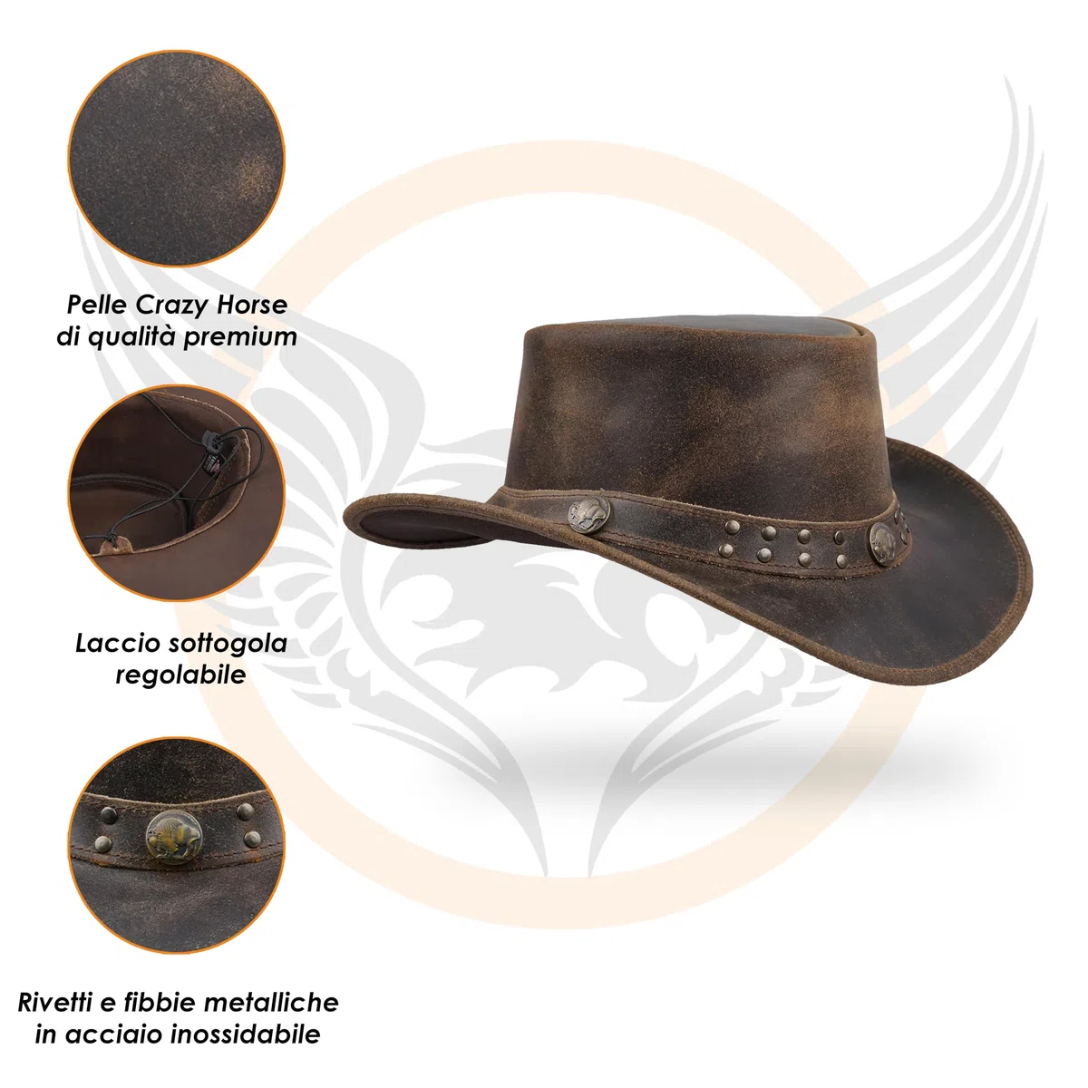 Leatherick Cappello da Cowboy in Pelle Scamosciata Cappello in Vera Pelle di Vacchetta dell'outback Occidentale in Pelle Scamosciata Stile Australiano