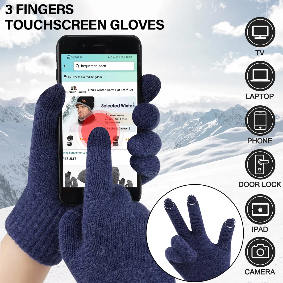 Bequemer Laden Invernale Termici Cappello Berretto Lunga Sciarpa Touch Screen Guanti Set Berretti in Maglia Scaldacollo Guanti per Uomo und Donna