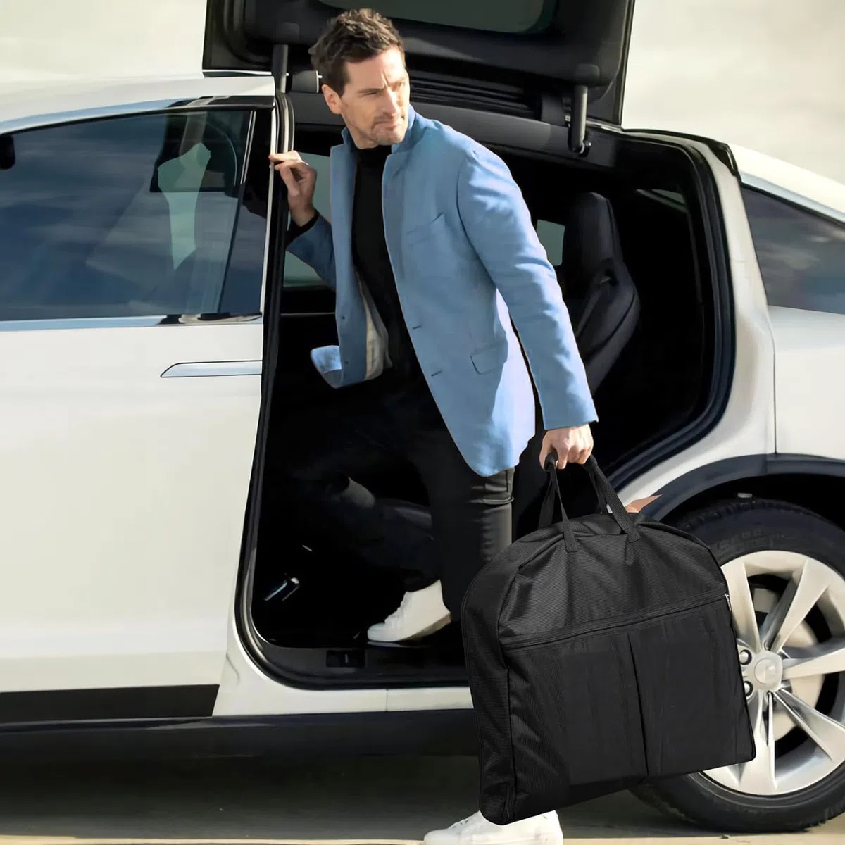 Borse per abiti pesanti da 43 pollici per viaggi, borsa impermeabile per uomini e donne con manico e grande tasca, bagaglio a mano per lavoro, volo, nero