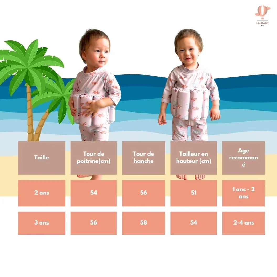 Costume da bagno anti-annegamento per ragazzo, motivo: mongolfiere e aerei, tuta a maniche lunghe, beige stile vintage
