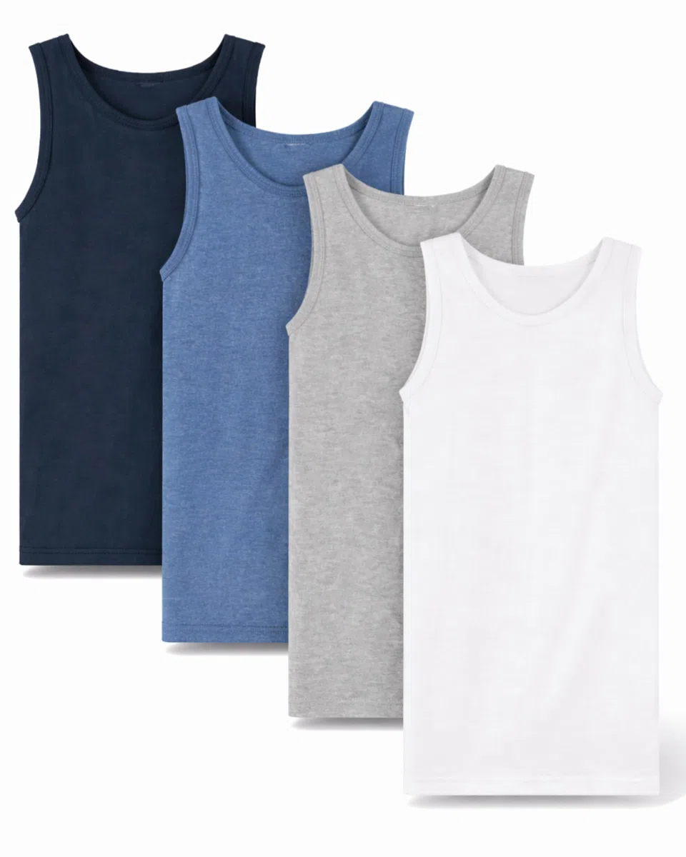 SES Confezione da 4 canottiere per ragazzi 92-182 in bianco e colorato/canottiere per ragazzi in cotone/canottiera senza maniche per bambini/blu e grigia