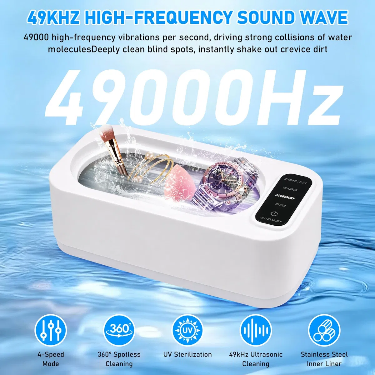49KHz Pulitore Ultrasuoni,350 ml Ultrasonic Cleaner,Lavatrice Ultrasuoni,Pulizia Profonda a 360 gradi,con 4 modalità di Pulizia,Per Pulizia Gioielli, Occhiali, Orologi, Anelli, Collane