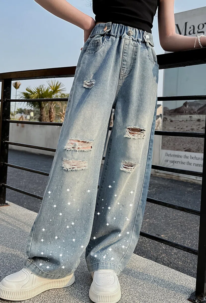 Rolanko Jeans Ragazze, Loose Denim Pantaloni Vita Elastico Moda Rotti Blu per Bambini