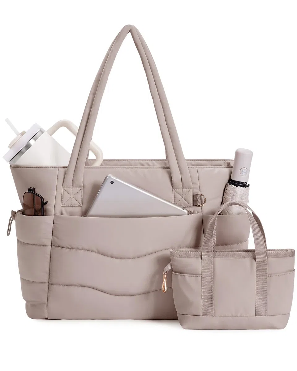 Borsa Tote Donna 2 Pezzi Puffer con Cerniera, Capiente per Laptop 15,6 Pollici & Tasca Porta Borraccia 40oz (1,18L), Borsa per Lavoro Università Viaggi e Shopping (Modello con Brevetto)