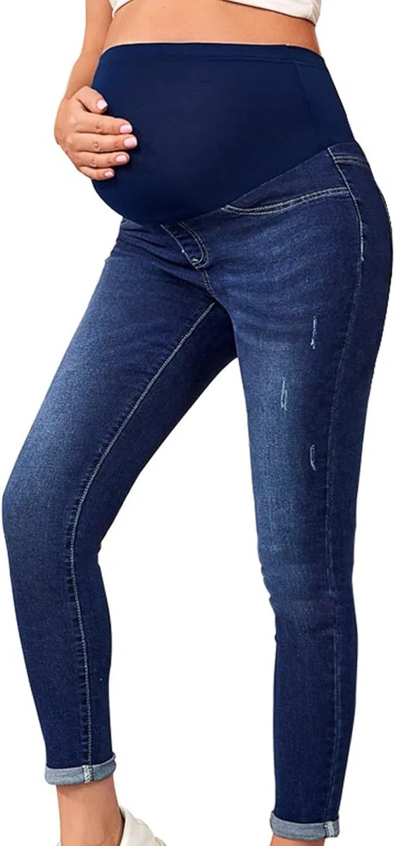 Jeans premaman skinny per donne incinte, pantaloni premaman lunghi, pantaloni premaman Destroyed Maternity Jeans Leggings per gravidanza (IT, Testo, S, Regular, Regular, Blu scuro)