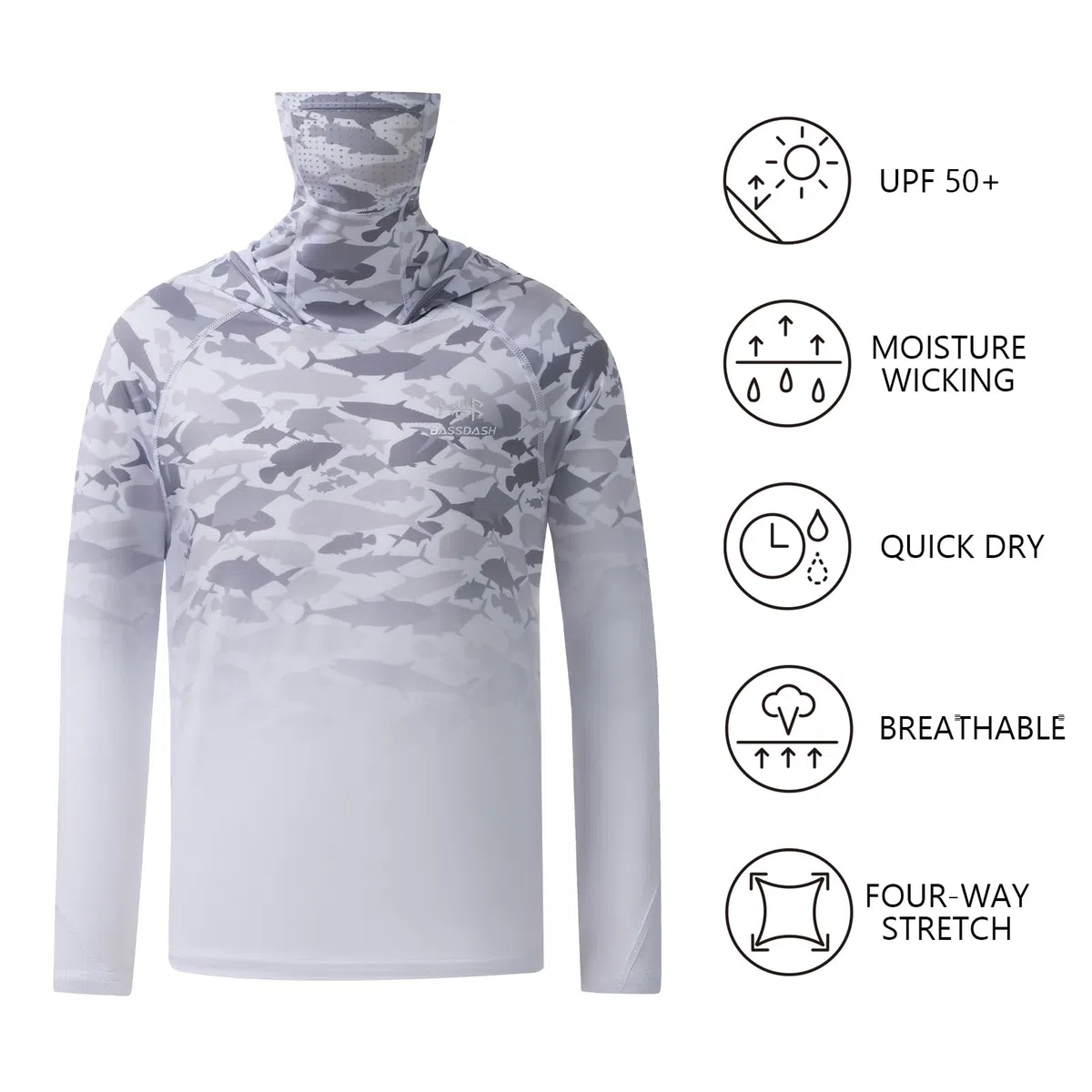 BASSDASH Camicia con cappuccio UPF 50+, con maschera, protezione UV, protezione solare, maglietta a maniche lunghe per pesca e nuoto