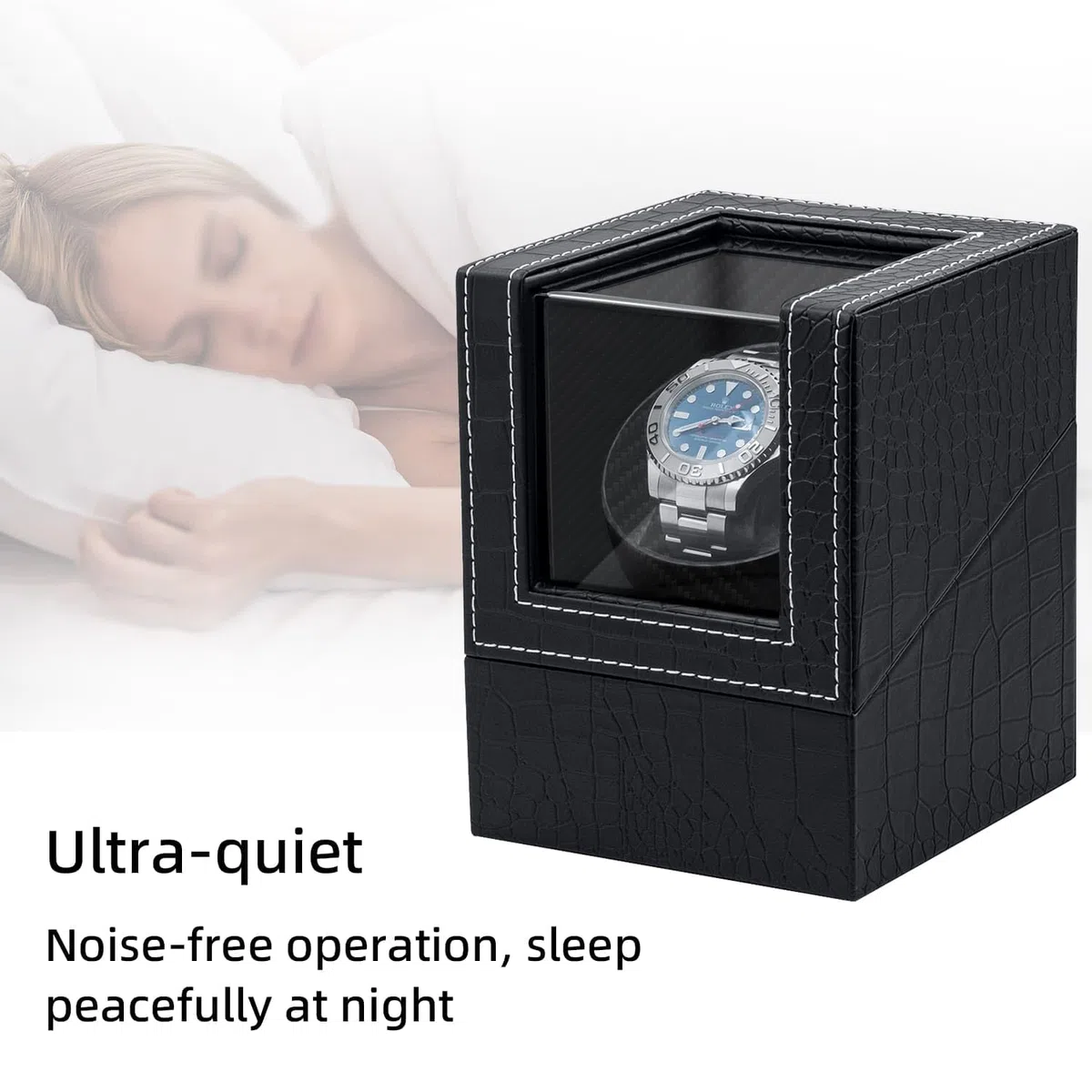 Mcbazel Scatola Carica Orologio Automatici, Scatola Avvolgitore per orologi 1 Slot Crocodile Pelle Pattern Accessori per Custodie per Orologi con Spina Europea - Nero