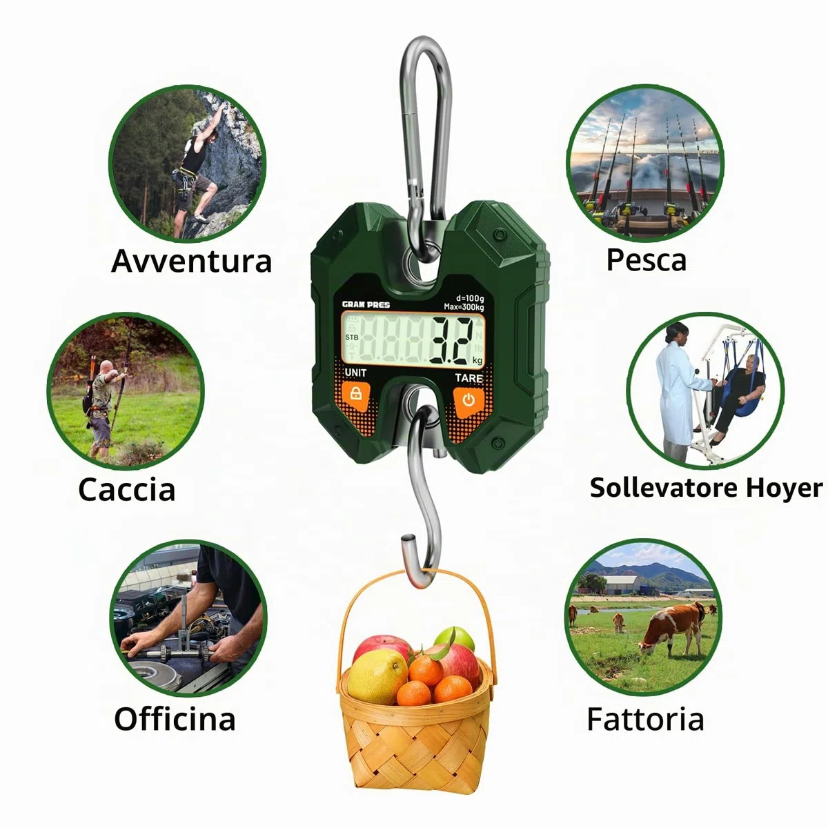 GRAM PRES Bilancia sospesa digitale 660LB/300KG, mini bilancia portatile per caccia ai cervi, digitale per bagagli con ganci