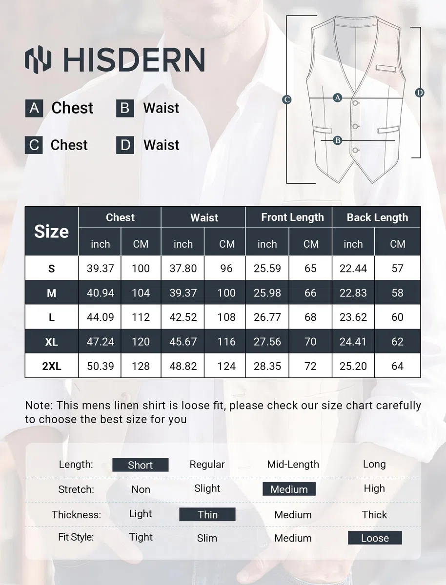 HISDERN Gilet estivo da uomo in cotone e lino modello casual in tinta unita con tasche