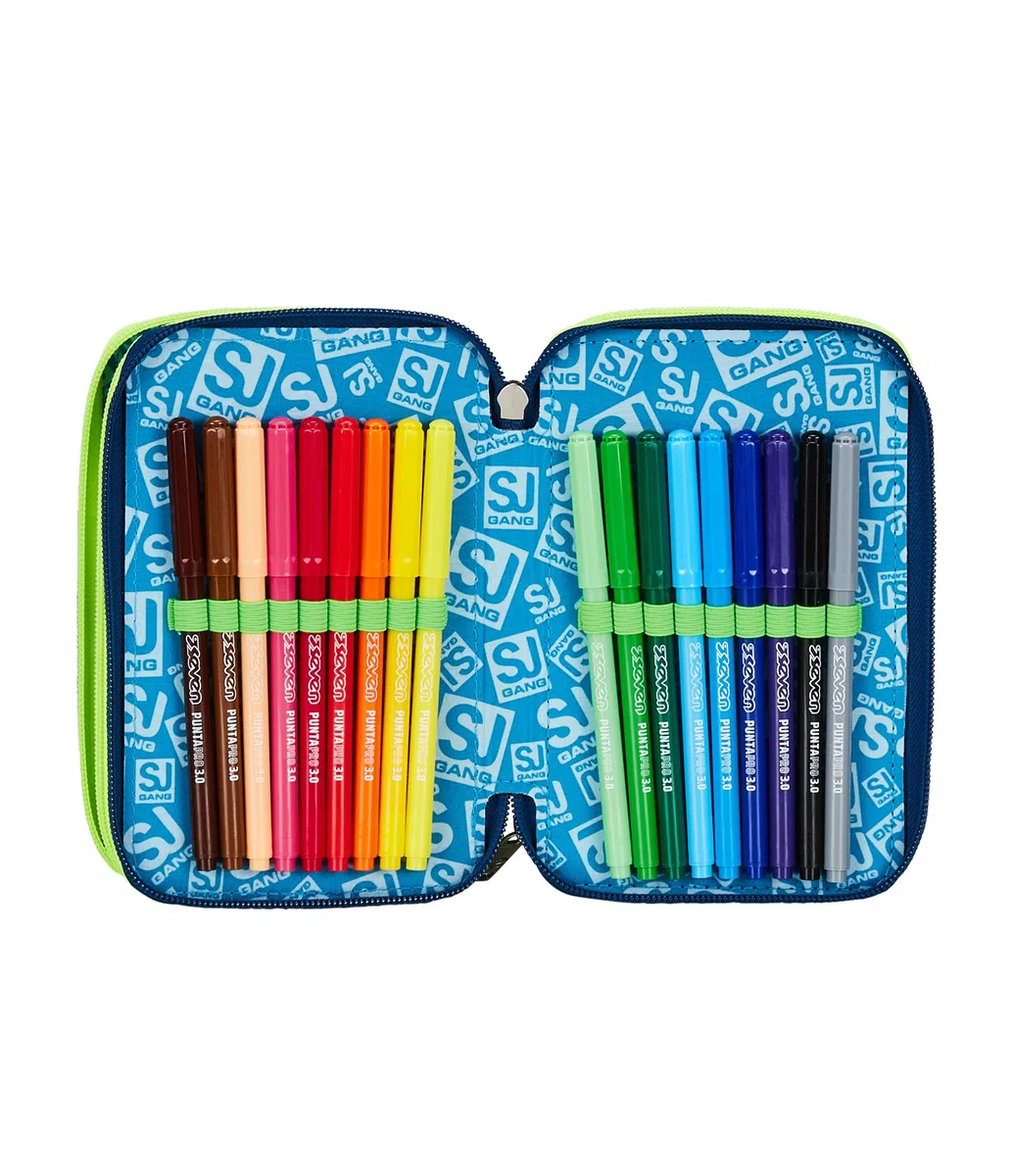 SJ GANG STYLE JAM GANG Astuccio Scuola 3 Zip, Blu, Fluo Snow, Portapenne Triplo Scomparto Completo Di Penne, Matite, Colori, Accessori Zaino, Elementari, Medie, Bambino