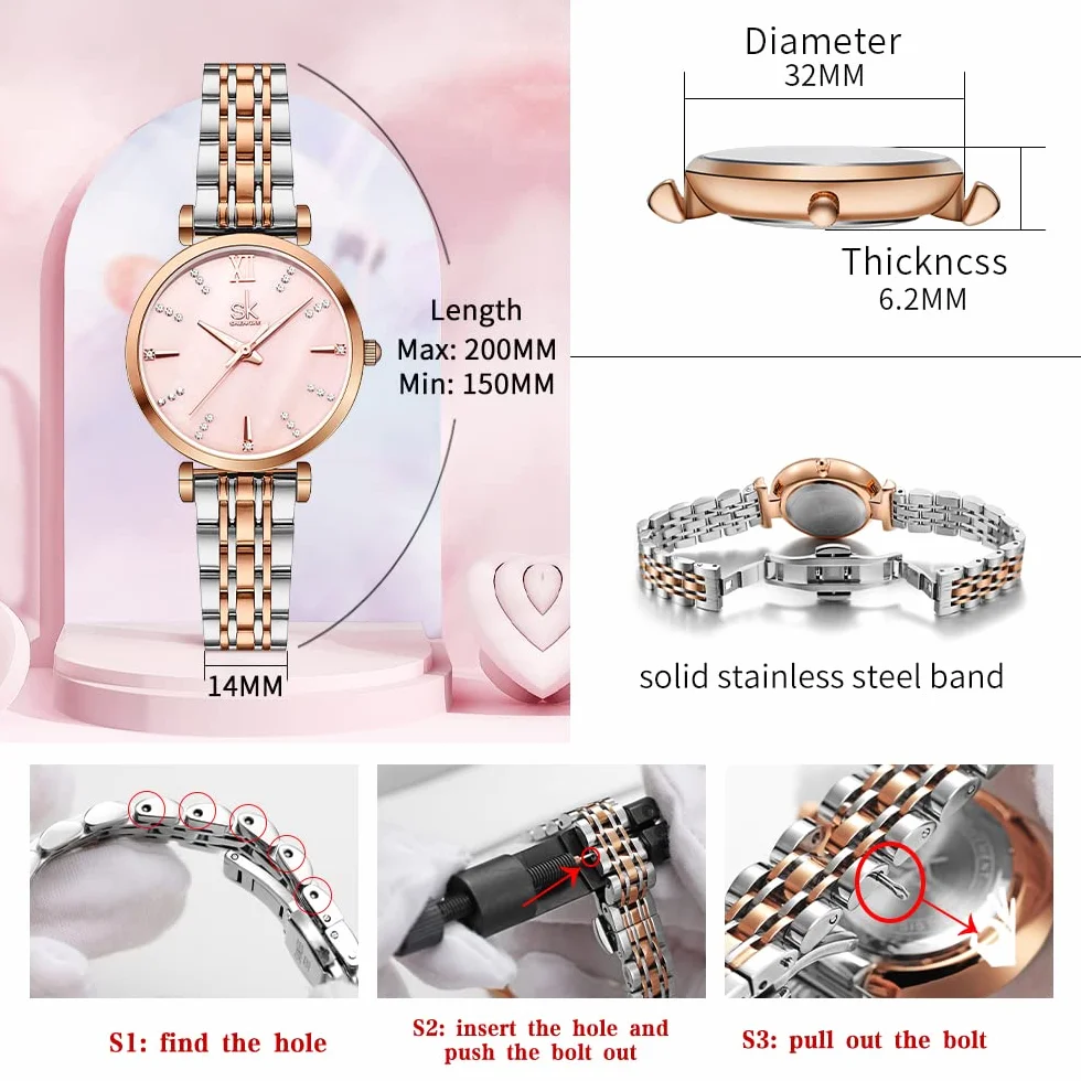 SHENGKE SK Classic Donne Orologi Moda Donne Dress Watch Solido Acciaio Inox Band Cinturino in Vera Pelle