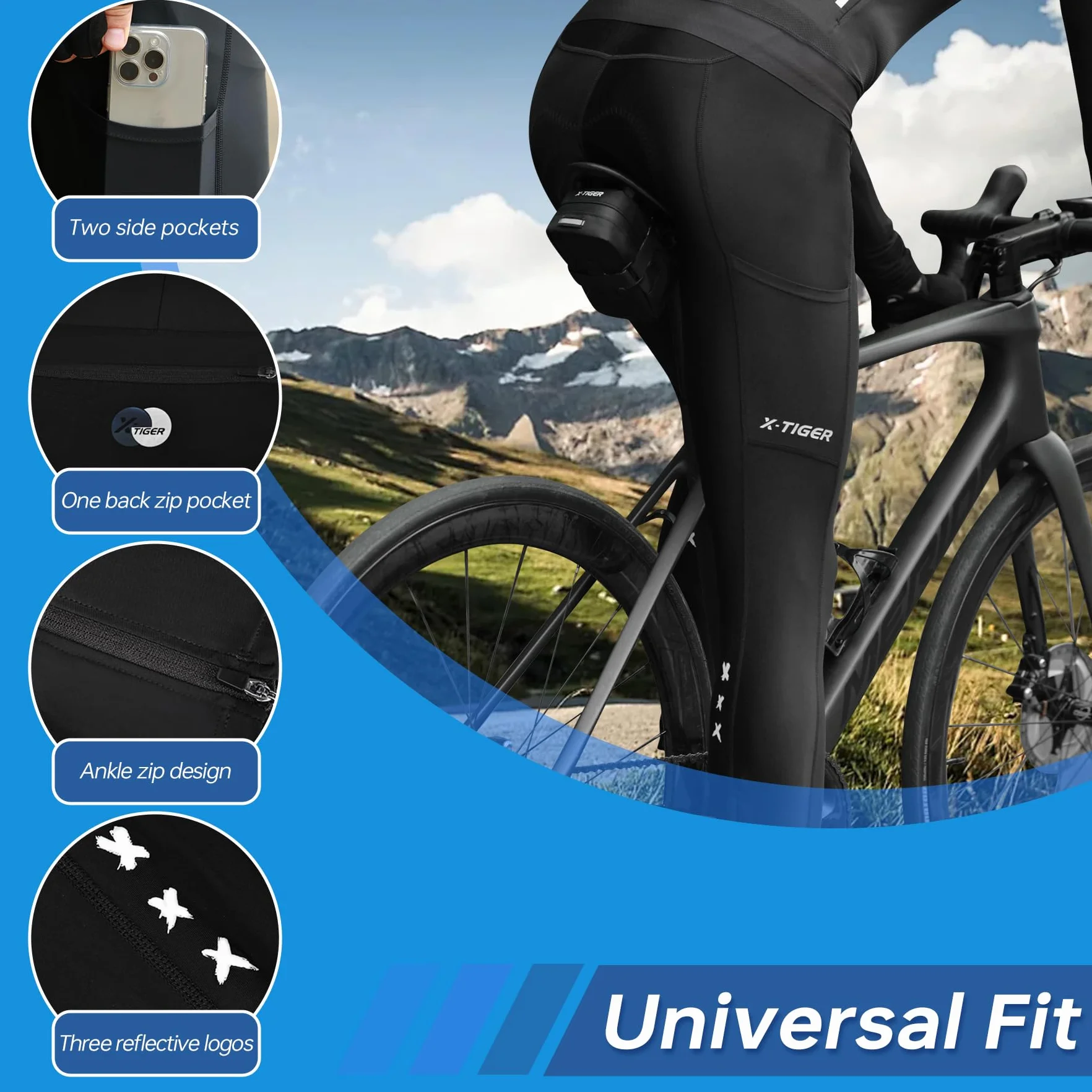 X-TIGER Pantaloni Lunghi Ciclismo Uomo con Imbottito Compression Mutande MTB Pantaloni Traspirante Asciugatura Rapida con 3 Tasche