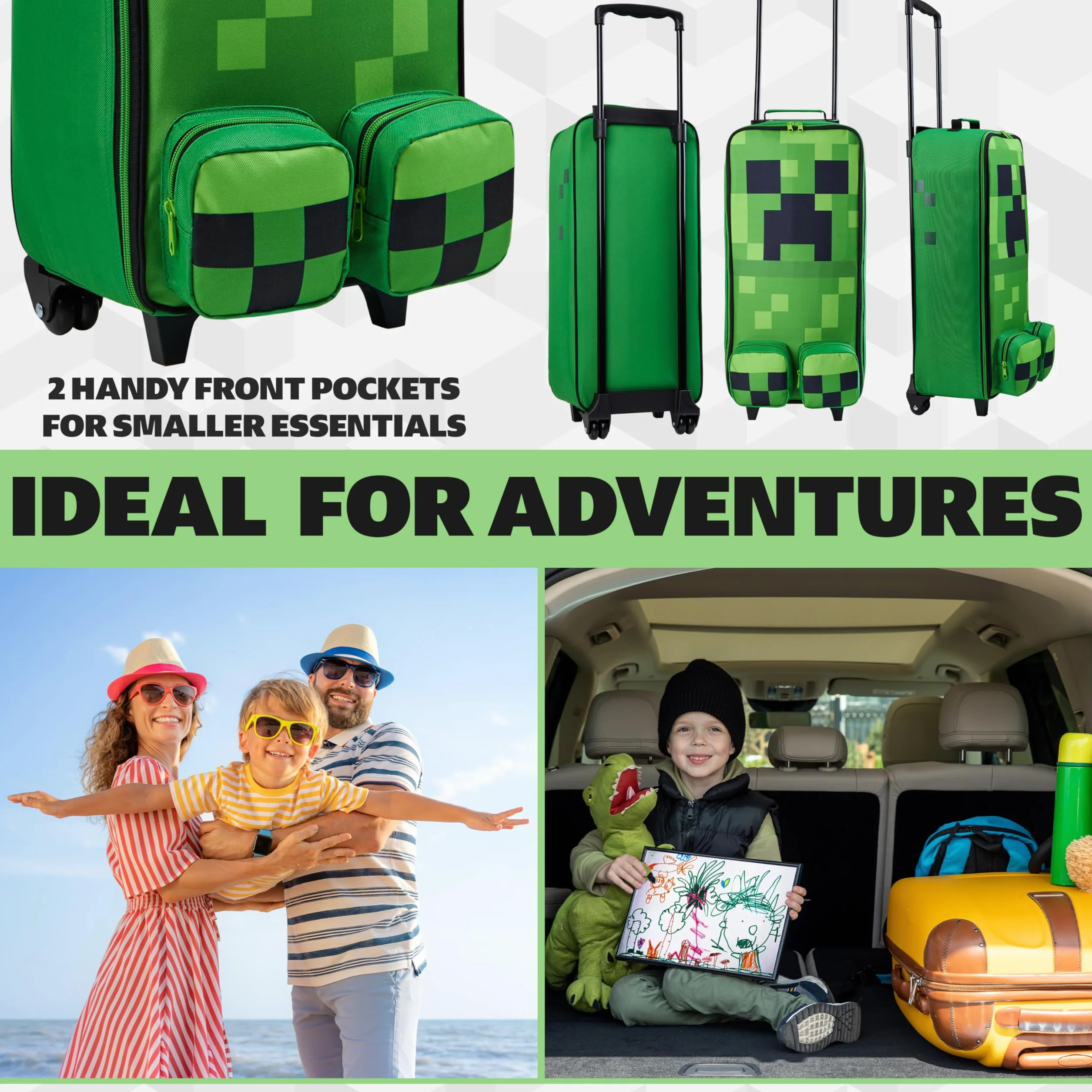 Minecraft Valigia Bambino con Ruote, Morbido Valigie Bambini, Creeper Pieghevole Trolley da Viaggio, Accessori Viaggio, 64x17x25cm, 17L