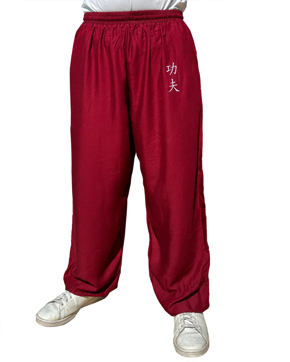 TAO MARTIAL Pantaloni Kung Fu Stile Tai Chi e Wing Chun Pantaloni con Tasche Larghe in Viscosa, V3, Bordeaux Kung Fu, L (175-185cm)