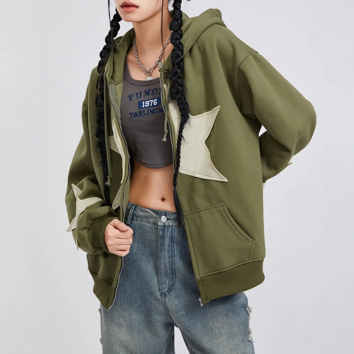 Felpa con cappuccio da donna Y2K con zip e stampa a stelle felpe oversize Fairy Grunge Graphic Giacca con cappuccio Harajuku Estetica E-Girls Streetwear