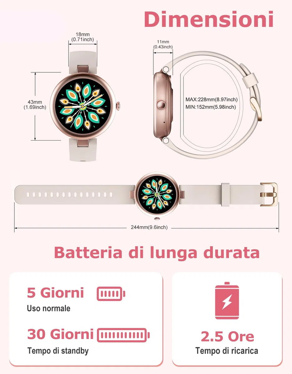 Smartwatch Donna Piccolo Rotondo Risposta Chiamate per Android iOS Orologio Contapassi Cardiofrequenzimetro da Polso Saturimetro Orologio Fitness Notifiche 100+ Modalità Sportive