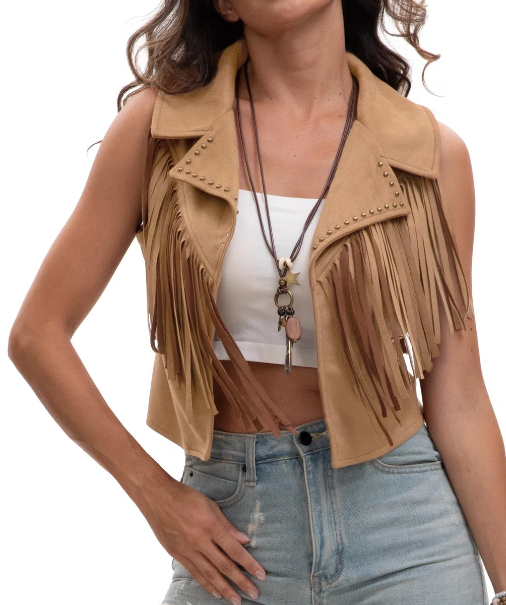 Panegy Donna Fringe Gilet Gilet 70s Hippie Faux Suede senza maniche Tassel Giacca aperta anteriore Cowgirl Rivets Cardigan
