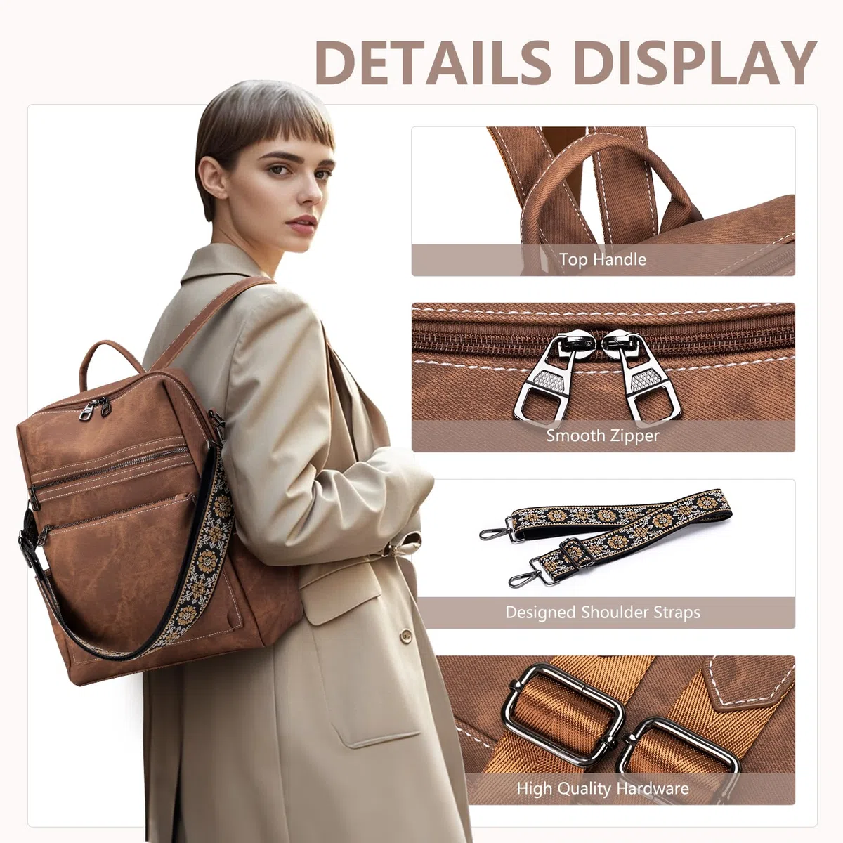 Zaino Donna Elegante in Pelle, Borsa Antifurto Impermeabile Daypack Moderno per Viaggio, Lavoro, Scuola - Cuoio con Tasche Multiple