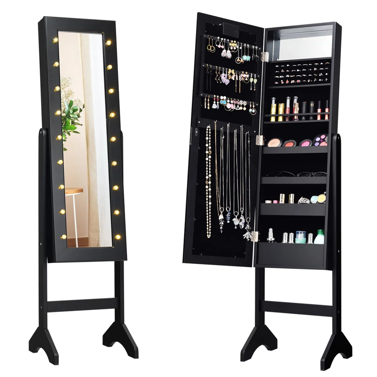 COSTWAY Portagioie Armadietto Specchiera con 18 Luci LED, Specchio a Figura Intera, Organizer per Gioielli Moderno Elegante, 145x35x31,5cm (Nero)