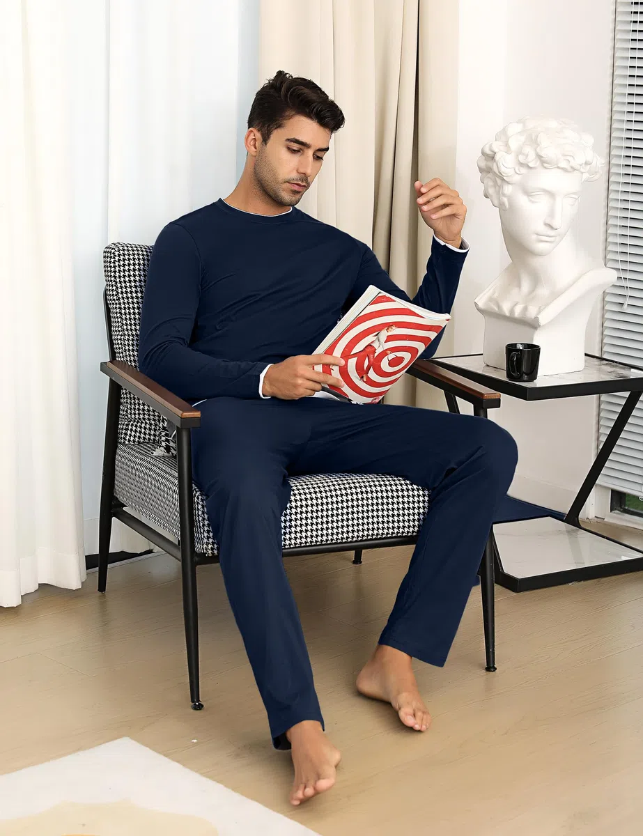 Aseniza Pigiama da Uomo Invernale, Pigiama a Maniche Lunghe in Cotone Semplice ed Elegante Pigiama Morbido Loungewear